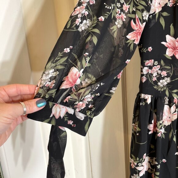Unique Vintage - Black Floral Chiffon Dress - Size XL/14 - Picture 6 of 9